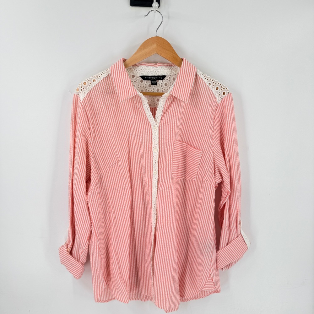 Vintage 90s Sharagano‎ Seersucker Button Down Pink XL Eyelet Lace Trim Cottage